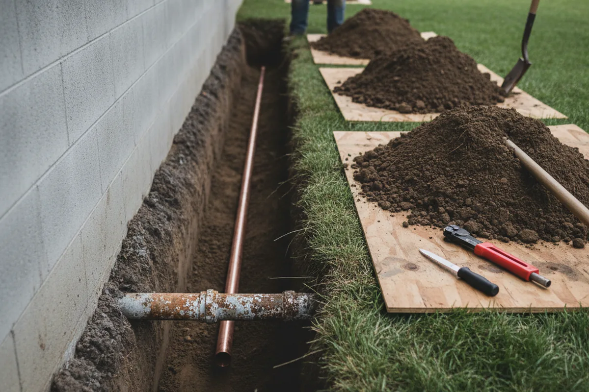 Excavated water line trench during Water Softener Installation in Tuscarora